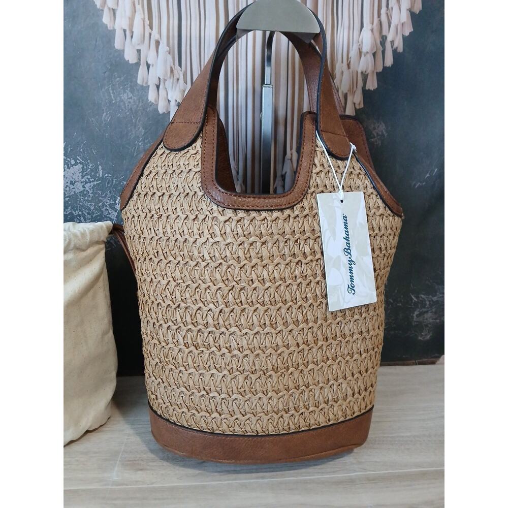 Tommy Bahama Woven Bucket Bag Purse Tote Removable Inner Pouch Natural Straw - Picture 2 of 13